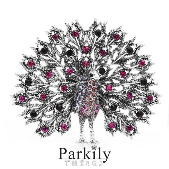 Brooch peacock in sparkly pink and black crystals in a silver pin setting - Picture 1 of 1